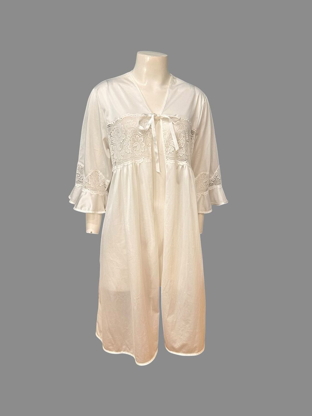 Vintage White Nylon Sheer Lace Peignoir Robe Deadstock Tags Ruffle Sleeve M -
